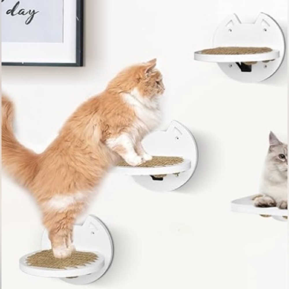 Wall Mounted Cat Steps • Set of 3 • White Wood and Hemp 🐾🧶